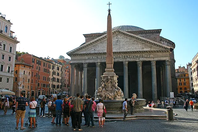 The obelisk and the fountain in the Piazza della Rotonda, in front of the Pantheon, with the square full of visitors